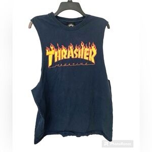 Vintage Thrasher Magazine Tank Top Tee T-shirt Navy Blue Orange Size L